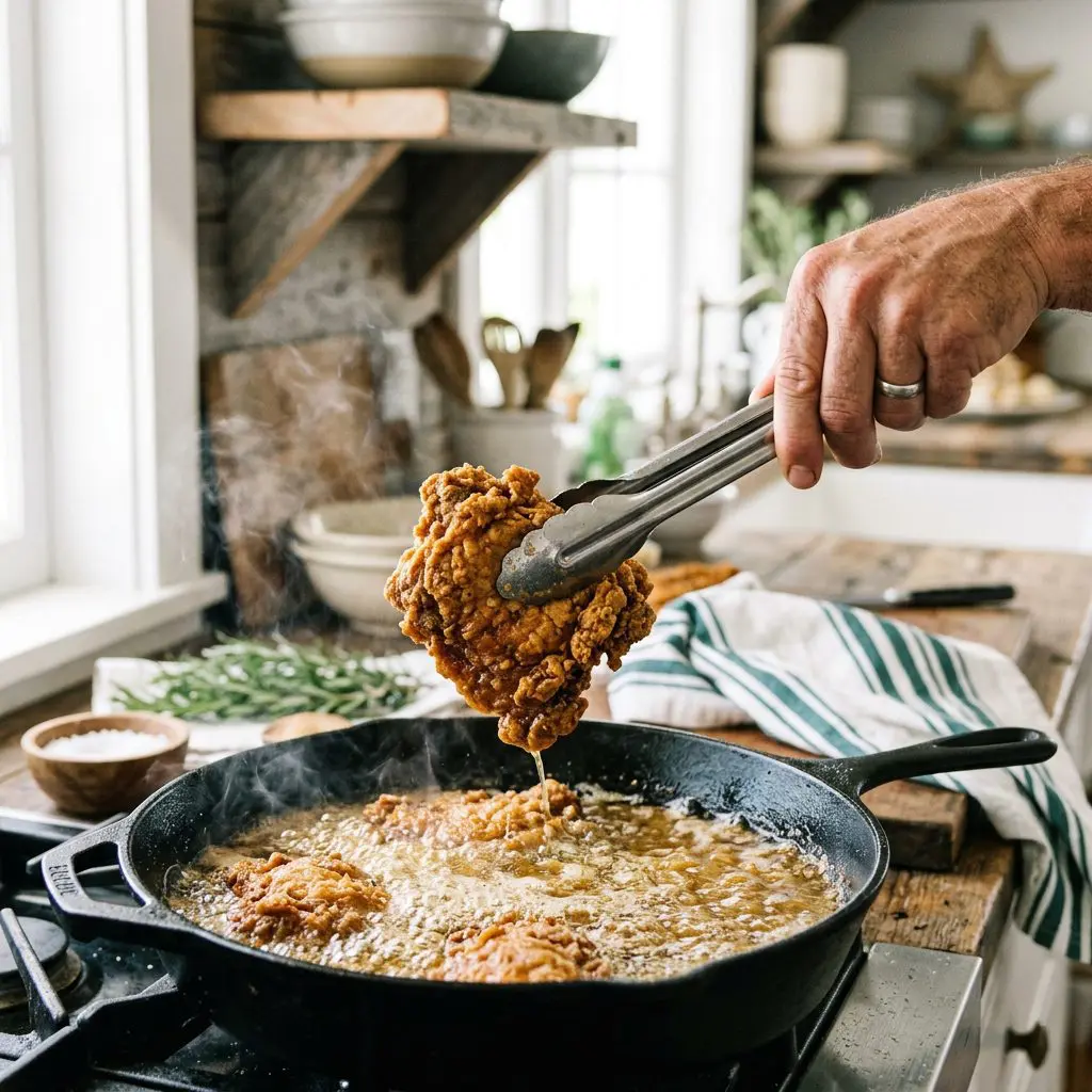 Close-up action shot of a cook's hand using metal tongs to carefully lift a shattering, deeply golden-brown piece of fried chicken out of a bubbling, hot oil bath in a black cast-iron skillet.