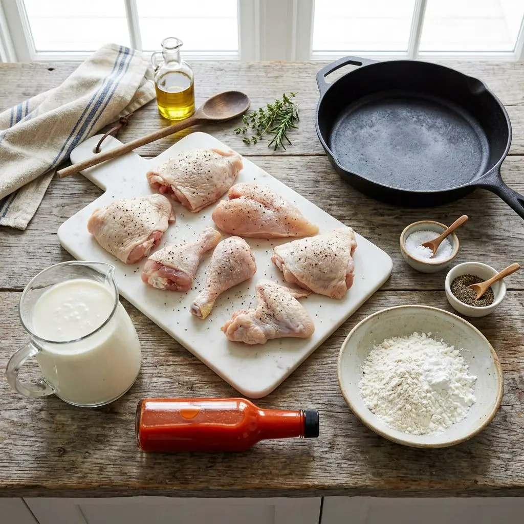 Ingredients arranged: a whole raw chicken cut into pieces, a glass pitcher of thick buttermilk, a bottle of bright red hot pepper sauce, a shallow bowl of white flour and cornstarch, kosher salt, coarse black pepper, and a heavy black cast-iron skillet around a marble prep board.