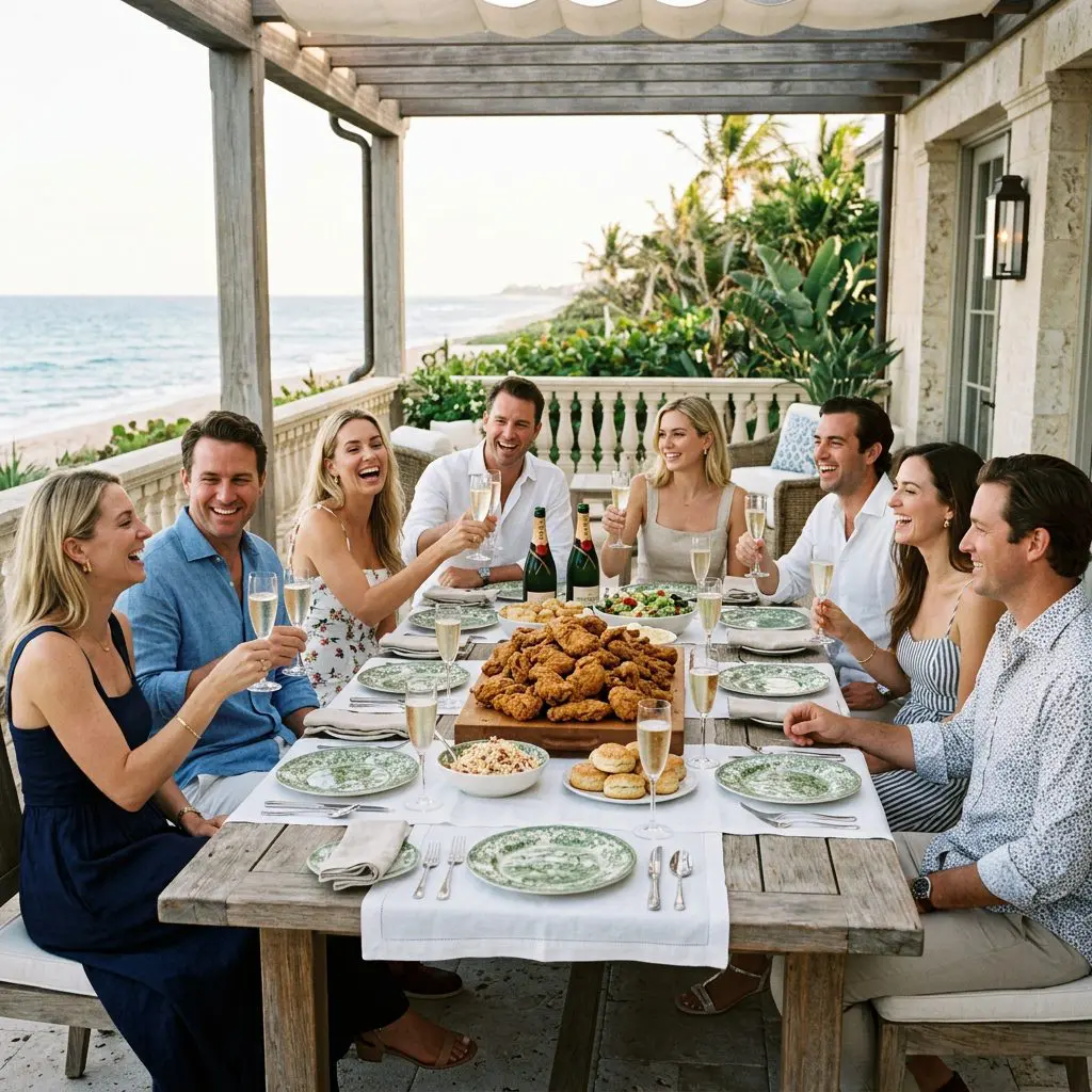 8 guests gathered around the table laughing, eating, and drinking chilled Champagne in flutes in a Palm Beach Estate dining patio with ocean views. A massive, beautiful wooden board stacked high with golden Fried Chicken anchors the center of the joyful, relaxed Sunday gathering.