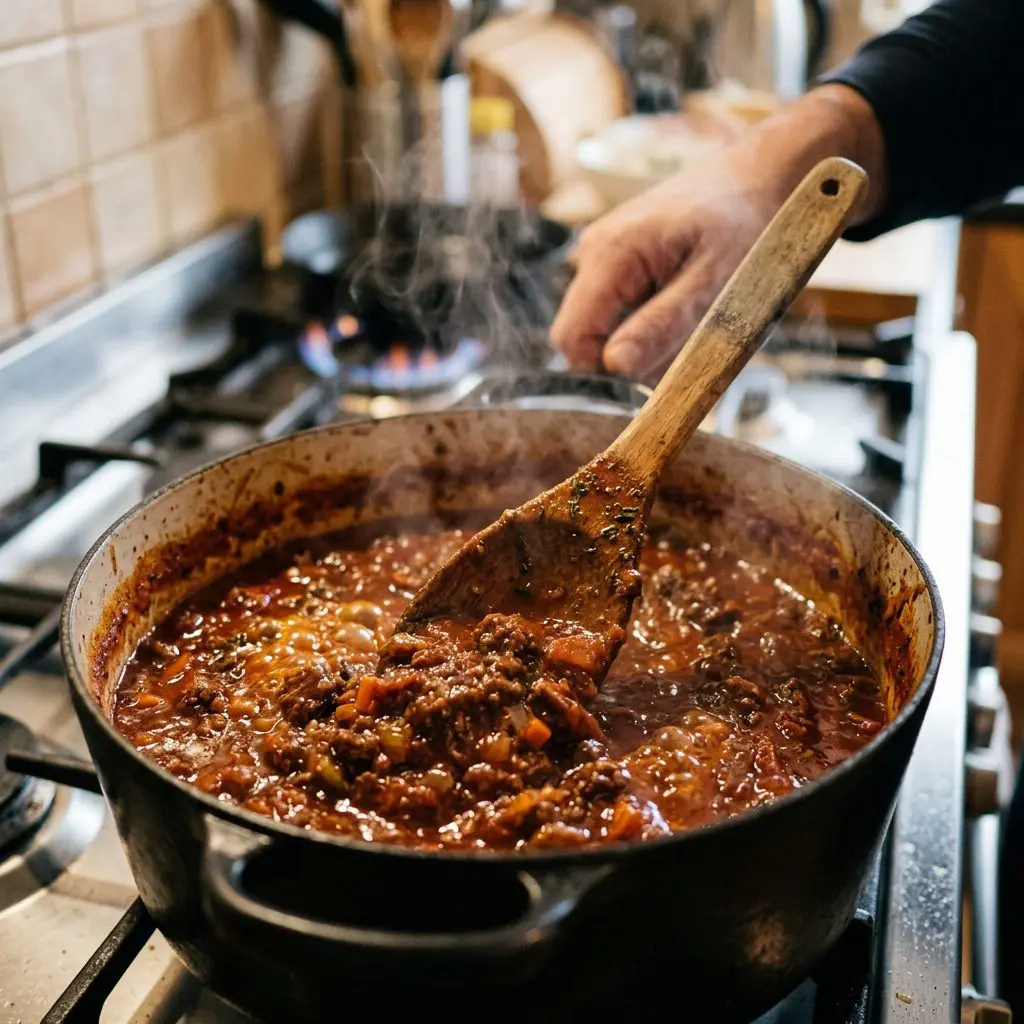 A long wooden spoon stirring a thick, bubbling, dark red meat sauce in a large enameled cast iron pot, showing the steam rising and the rich, concentrated texture of the reduced beef and tomato paste.