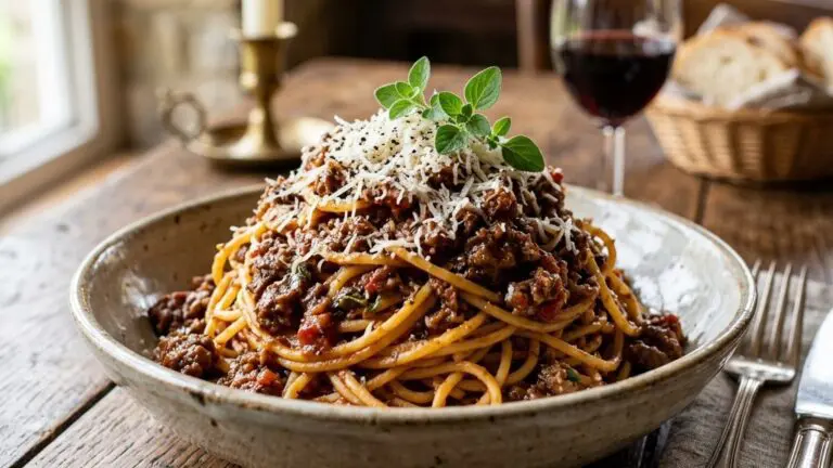 Stunning plated serving of Spaghetti with Meat Sauce, a chef-tested recipe by Chef Jorj Morgan.