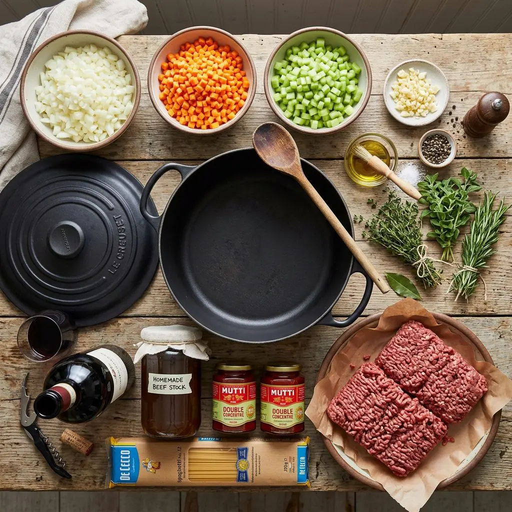 Ingredients arranged for meat sauce: a heavy Dutch oven surrounded by three pounds of raw ground beef blend, diced yellow onions, bright diced carrots, diced celery, minced garlic, a large open bottle of dark red wine, jars of rich tomato paste, fresh thyme, fresh oregano, a quart of dark homemade beef stock, and a long box of dried spaghetti pasta.