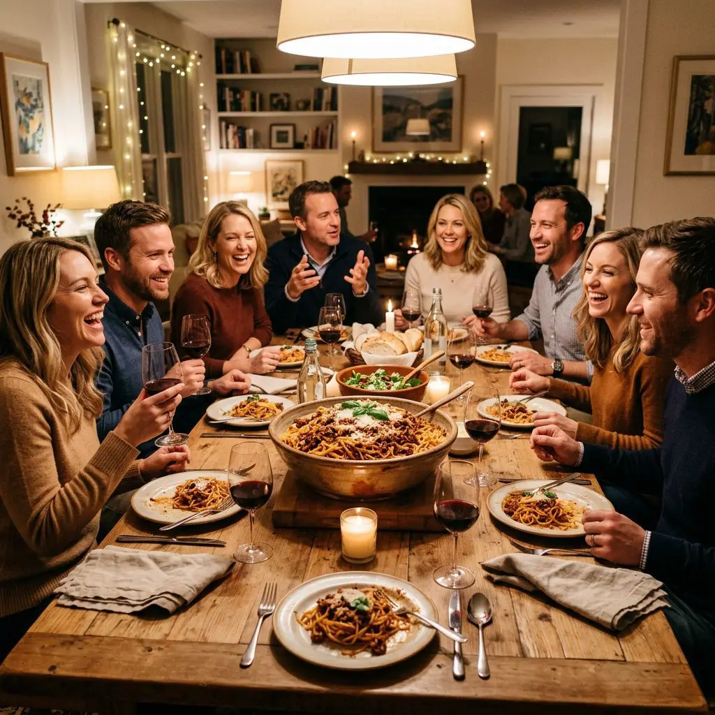 8 guests gathered around the table laughing, eating, and drinking red wine, with a massive rustic bowl of Spaghetti with Meat Sauce anchoring the center of the joyful feast.
