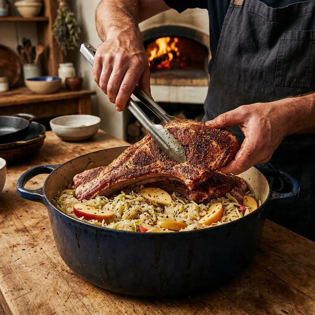 A cook's hands using tongs to carefully arrange heavy, raw, spice-rubbed spare ribs over a thick bed of sauerkraut, cabbage, and sliced apples inside a massive enameled cast-iron Dutch oven.