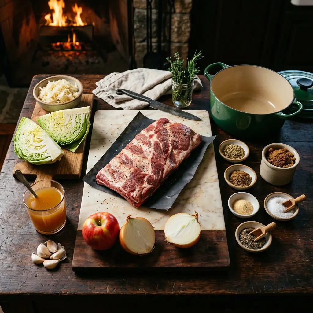 Ingredients arranged: raw meaty spare ribs, a bowl of sauerkraut, a wedge of fresh green cabbage, a yellow onion, two red apples, a glass of apple cider, brown sugar, garlic powder, cumin, fennel seeds, salt, pepper, and a heavy enameled Dutch oven around a marble prep board.