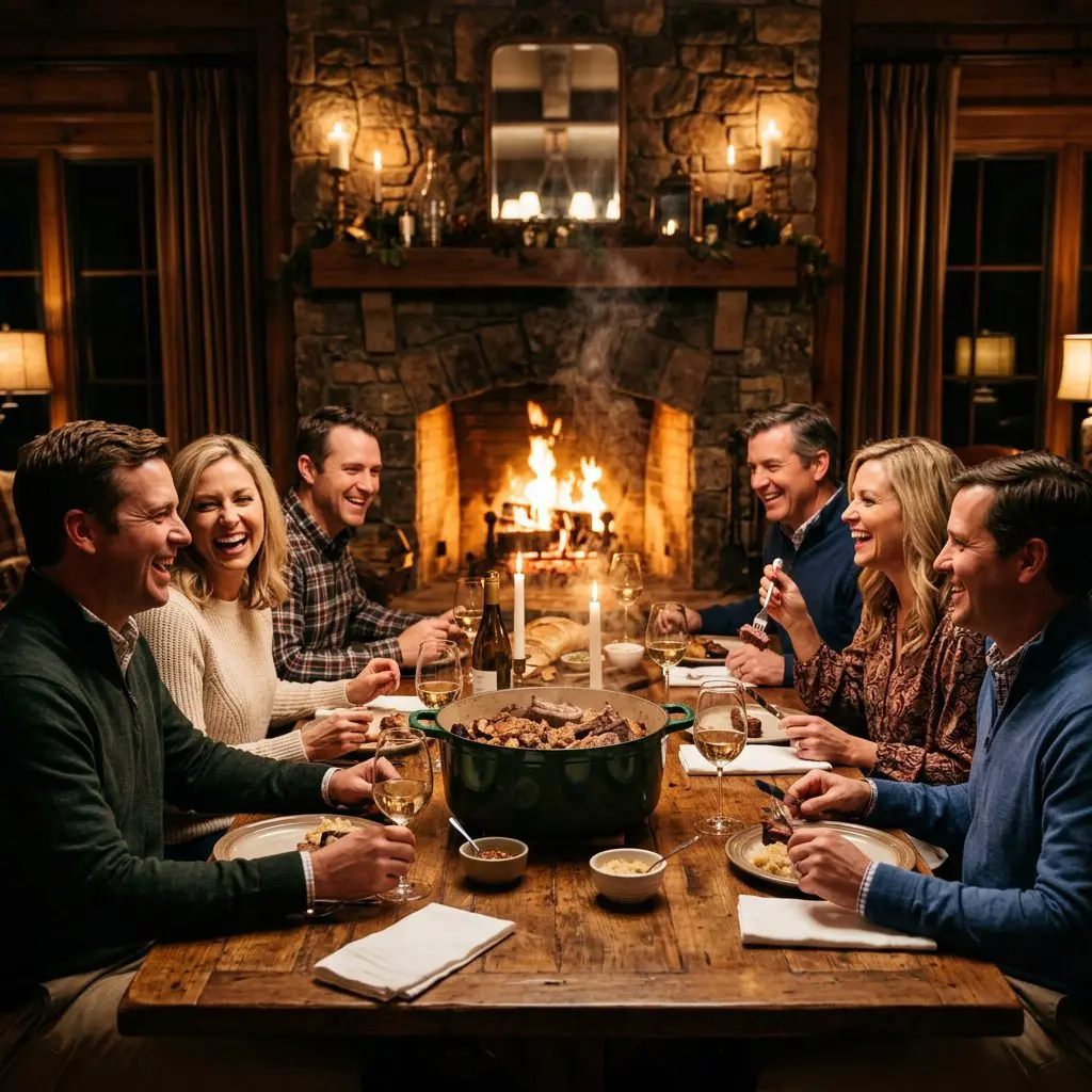 8 guests gathered around the table laughing, eating, and drinking white wine in a North Carolina Estate dining room with a roaring fireplace in the background. A massive enameled Dutch oven filled with steaming Spare Ribs and Sauerkraut anchors the center of the joyful feast.