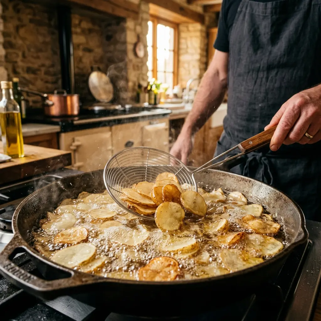 Close-up action shot of paper-thin raw potato slices vigorously bubbling and turning golden brown as they are fried in a skillet of hot oil, being gently stirred with a silver spider strainer