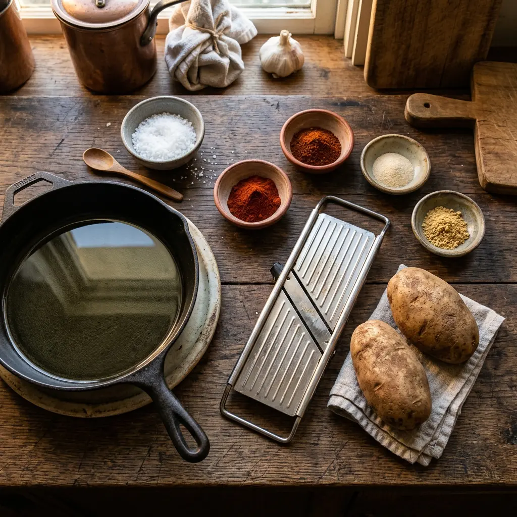 Raw ingredients for spiced potato chips arranged: two large raw russet potatoes, a silver mandoline slicer, a small bowl of flaky sea salt, coarse black pepper, chili powder, garlic powder, mustard powder, and smoked paprika, arranged around a cast-iron skillet filled with oil.