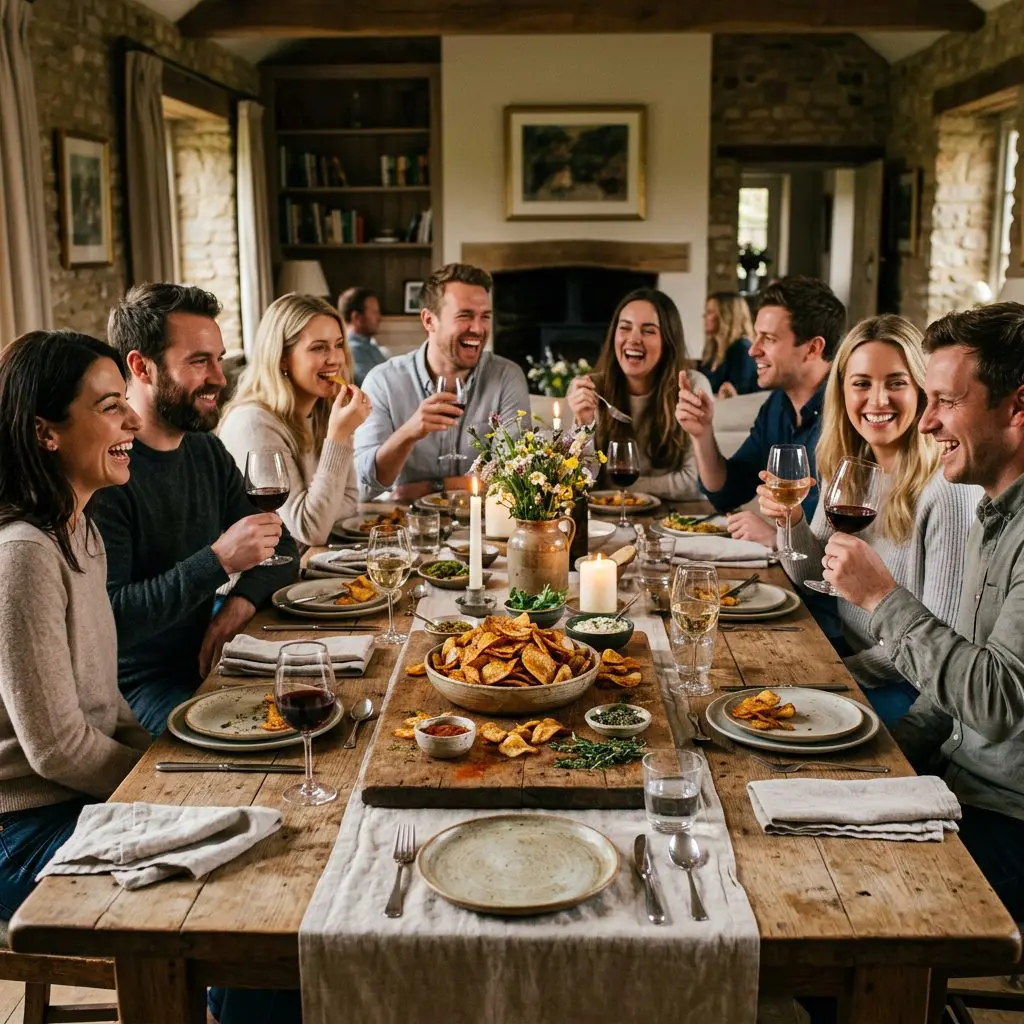 8 guests gathered around the table laughing, eating, and drinking wine, with a large rustic wooden board piled high with Spiced-Up Potato Chips in the center as the anchor.