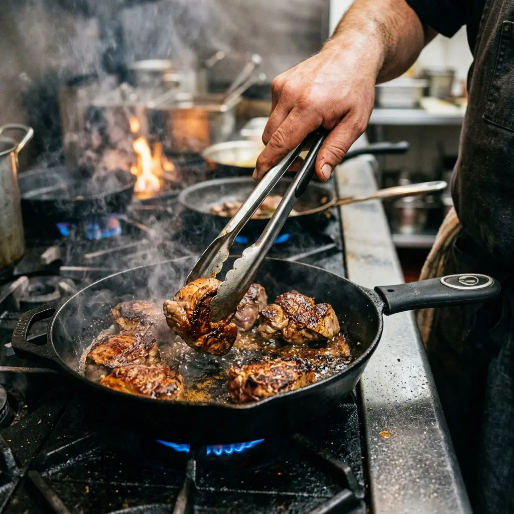 Close-up action shot of a cook's hand using heavy metal tongs to quickly sear pieces of lamb tenderloin in a smoking hot cast-iron skillet, with golden-brown crust forming on the meat.