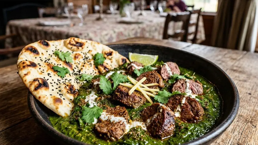 Stunning plated serving of Spicy Lamb Saag, a chef-tested recipe by Chef Jorj Morgan.