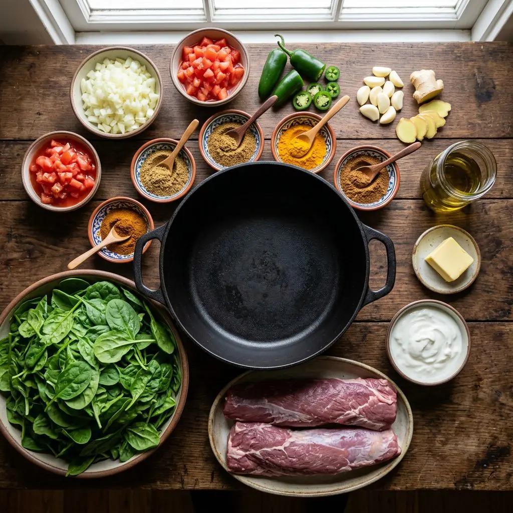Ingredients arranged: raw lamb tenderloins, a massive mound of fresh baby spinach, jalapeño peppers, fresh ginger, garlic cloves, diced onions, diced tomatoes, Greek yogurt, butter, olive oil, and small bowls of coriander, cumin, turmeric, and garam masala arranged around a heavy cast-iron pot.