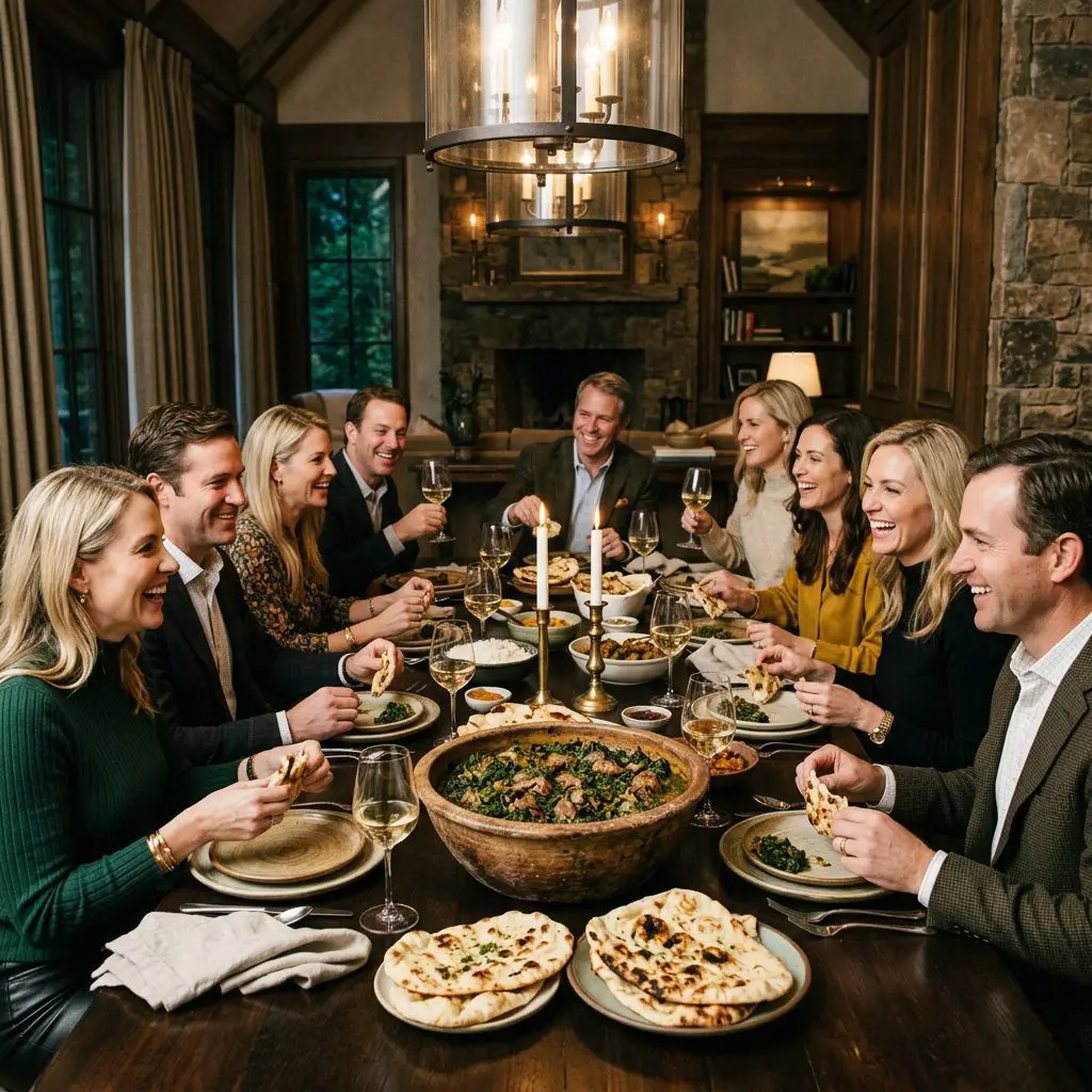 8 guests gathered around the table laughing, eating, and drinking white wine in a North Carolina Estate dining room, tearing pieces of naan bread, with a massive rustic bowl of Spicy Lamb Saag anchoring the center of the joyful feast.