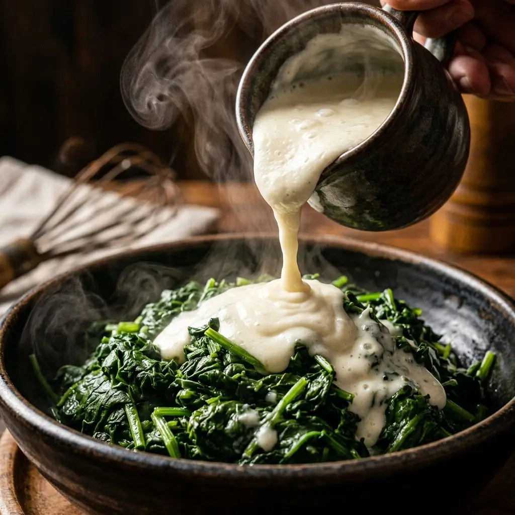 Extreme close-up action shot pouring a thick, velvety white Gruyere cheese sauce over a mound of dark green chopped spinach