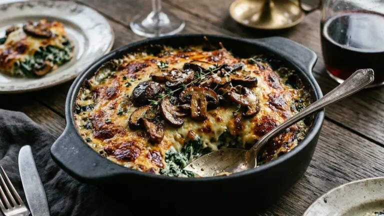 Stunning plated serving of Spinach au Gratin with Sautéed Mushrooms, a chef-tested recipe by Chef Jorj Morgan.