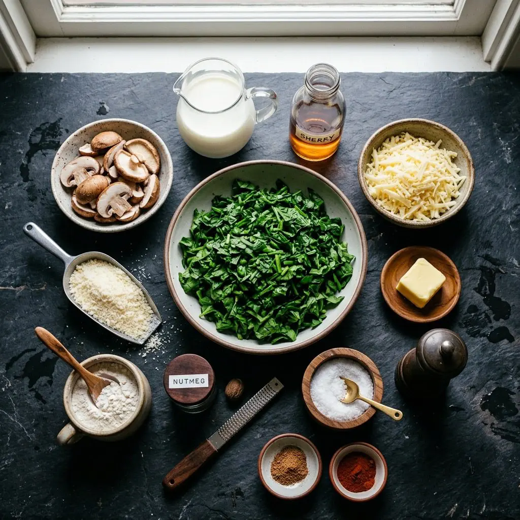 Overhead prep shot of fresh ingredients for a spinach gratin, including chopped spinach, sliced mushrooms, olive oil, butter, flour, milk, sherry, Gruyere, Parmesan, nutmeg, and paprika