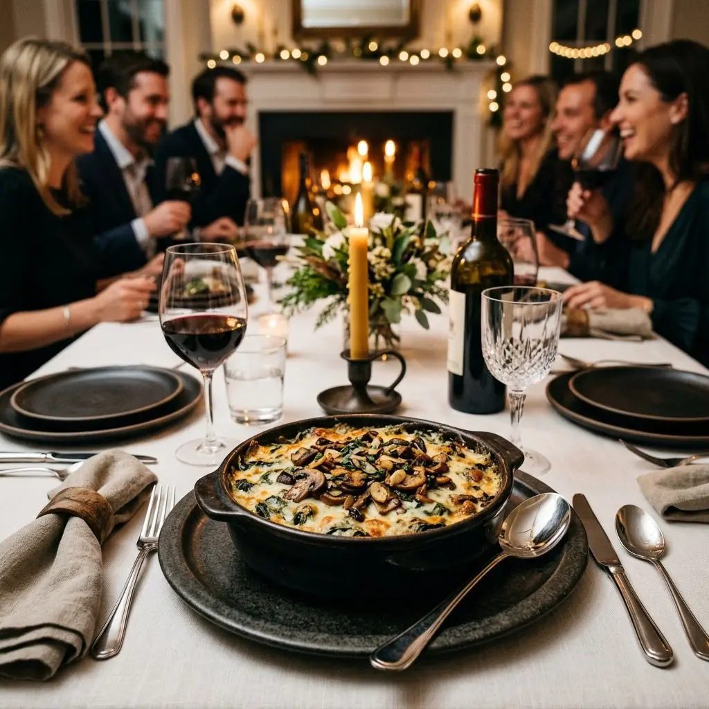 An elegant, formal dinner table setting featuring a bubbling dish of Spinach au Gratin topped with Sautéed Mushrooms, with a dinner party in the background