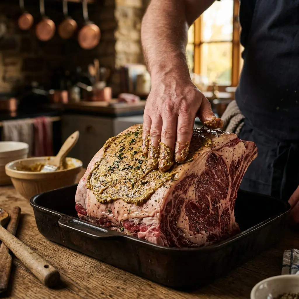 Close-up action shot of a cook's hand vigorously rubbing a thick, herbaceous Dijon mustard paste all over the top layer of fat on a massive raw standing rib roast sitting in a dark metal roasting pan