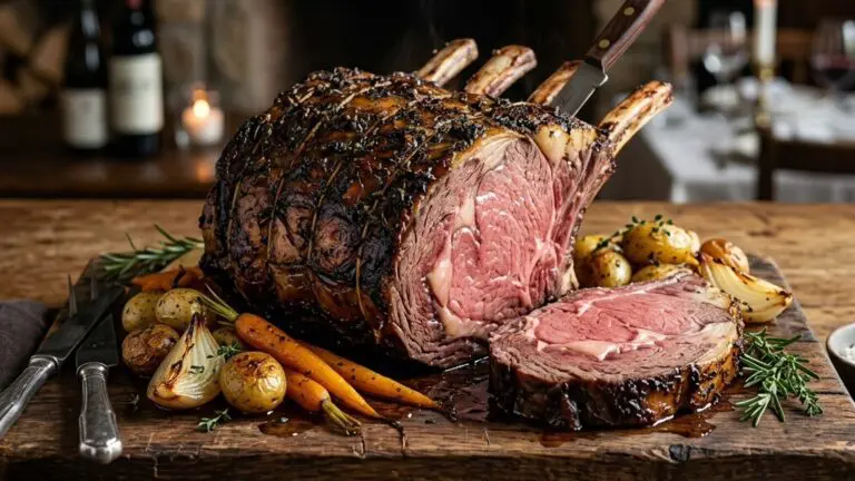 Stunning plated serving of Standing Rib Roast with Roasted Vegetables, a chef-tested recipe by Chef Jorj Morgan.