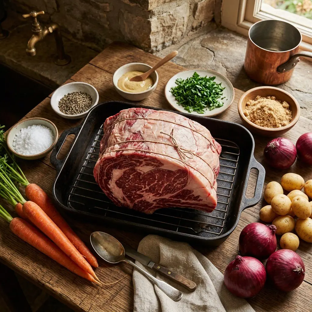 Raw ingredients for a standing rib roast arranged: a massive raw beef standing rib roast tied with butcher's twine, a small bowl of Dijon mustard, fresh chopped parsley, sugar, kosher salt, coarse black pepper, large whole carrots, baby potatoes, and whole red onions arranged around a dark metal roasting pan.