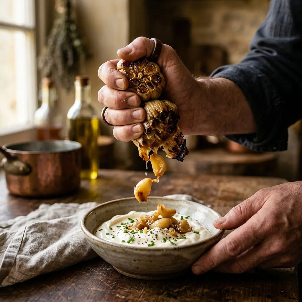 Two whole heads of oven-roasted garlic being squeezed by a cook's hand, their soft, golden caramelized cloves dropping into a small rustic bowl filled with a creamy white mayonnaise and sour cream sauce.