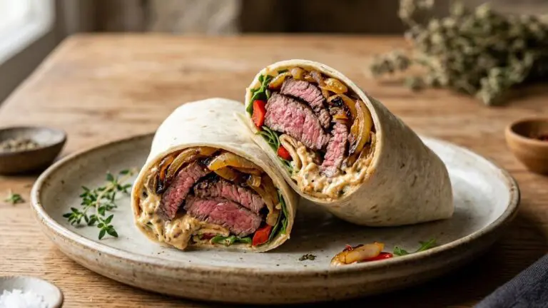 Stunning plated serving of Steak Wraps with Roasted Garlic-Horseradish Sauce, a chef-tested recipe by Chef Jorj Morgan.