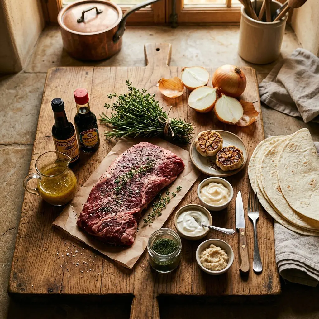 Raw ingredients for steak wraps arranged: a thick raw hangar steak, a small glass pitcher of Italian dressing, Worcestershire sauce, soy sauce, fresh thyme and rosemary sprigs, mayonnaise, sour cream, two whole roasted heads of garlic, prepared horseradish, dried dill, large flour tortillas, and raw yellow onions arranged around a large wooden cutting board.