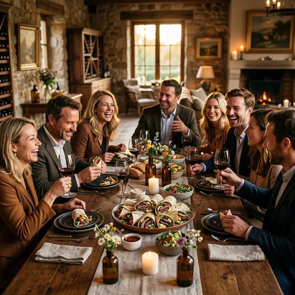 8 guests gathered around the table laughing, eating, and drinking wine, with a large rustic platter of halved Steak Wraps in the center as the anchor.