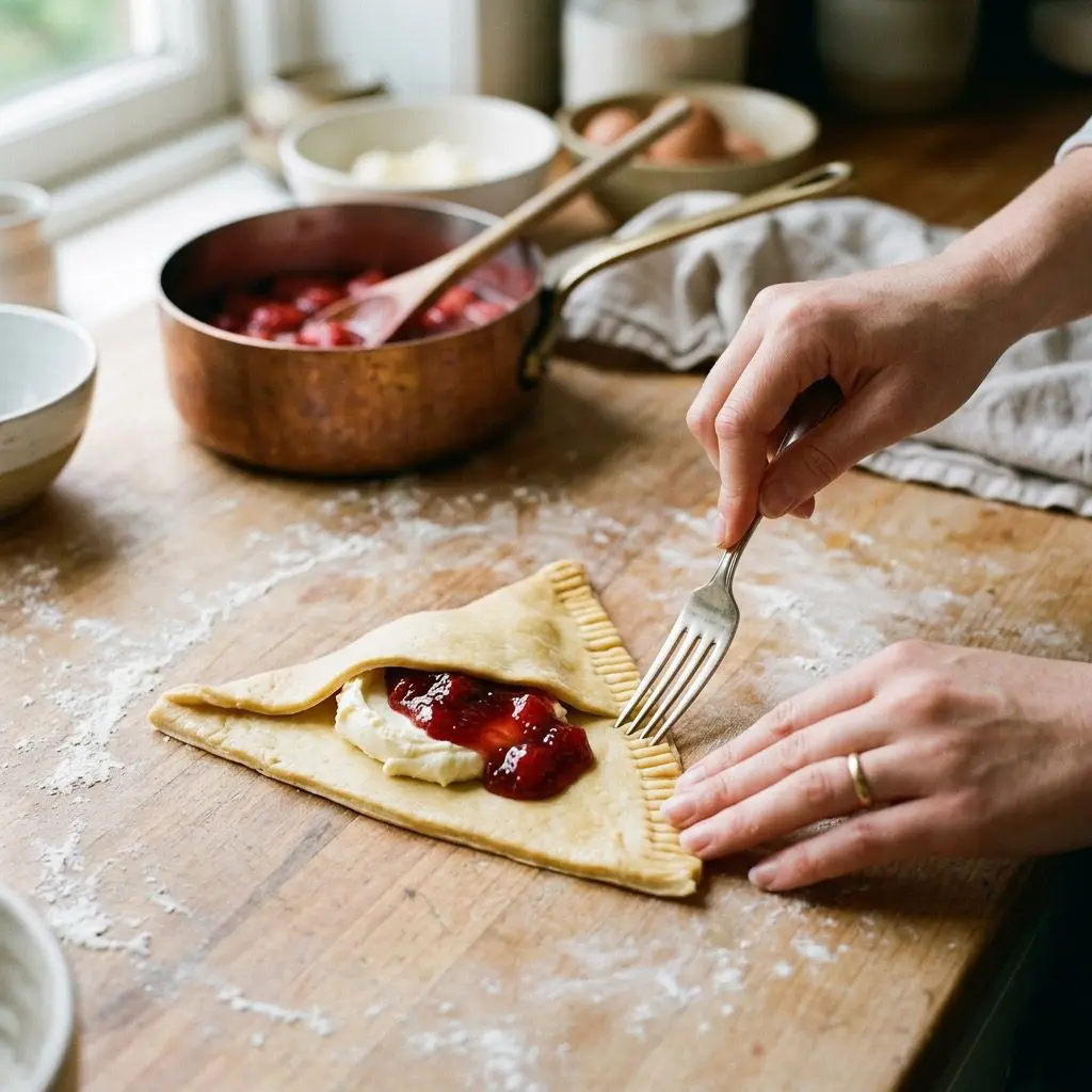 Clean hands using a fork to crimp the edges of a puff pastry triangle on a lightly floured surface. A spoonful of creamy mascarpone and a dollop of glossy, deep red strawberry jam are visible in the center of the folded dough. In the background, a copper pot of simmered strawberries rests in a soft-focus blur.