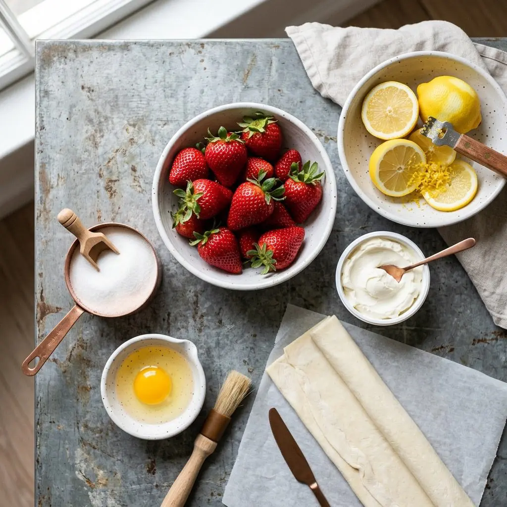 Raw ingredients arranged in copper and white stoneware bowls on a rustic zinc table. The ingredients include fresh bright red strawberries, fresh lemons with yellow zest, a container of white mascarpone cheese, puff pastry sheets, a copper cup of sugar, and an egg in a small dish with a pastry brush. Soft morning light, clean and styling.