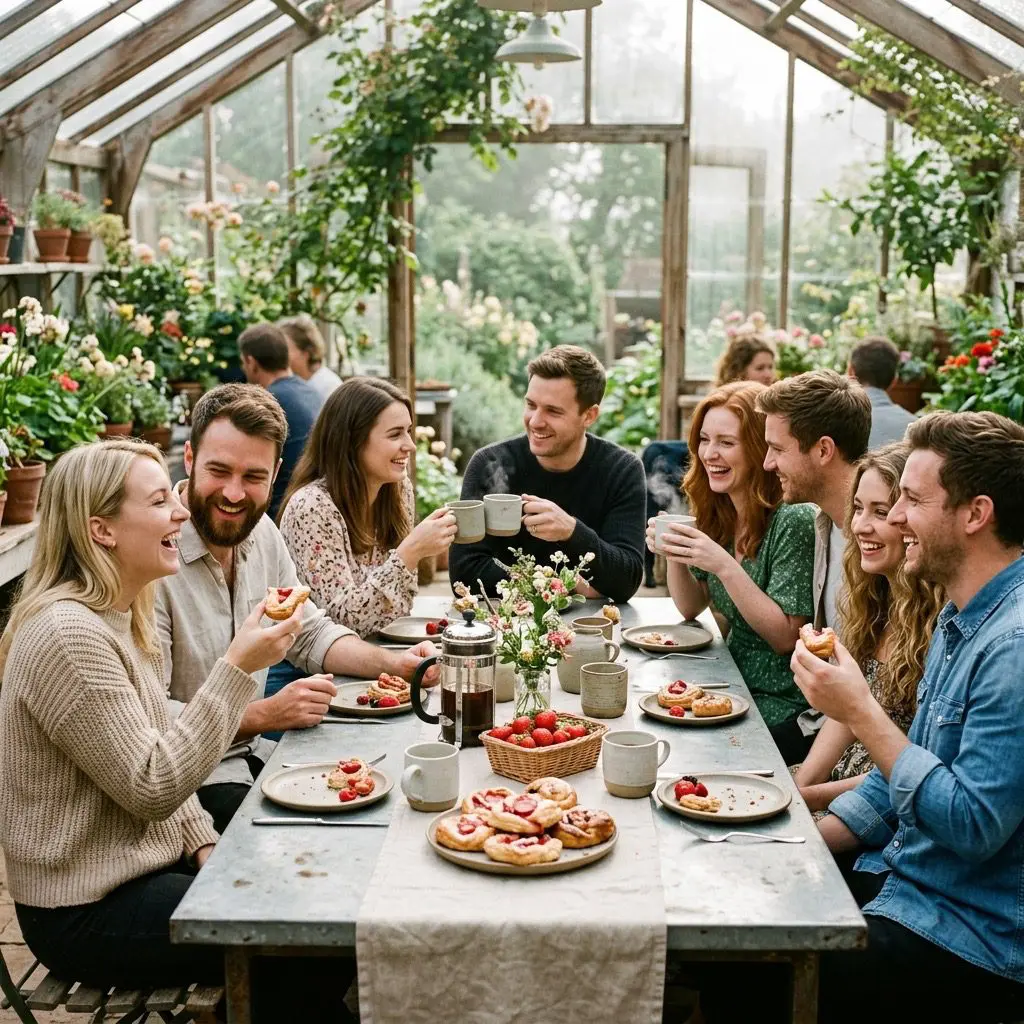 Eight guests laughing, sharing coffee, and enjoying warm strawberry pastries together. They are gathered around a long zinc harvest table inside a cozy, sunlit garden glasshouse on a misty early summer morning. The table is decorated with stoneware plates, fresh strawberry baskets, and steaming coffee mugs. Cozy, branding.