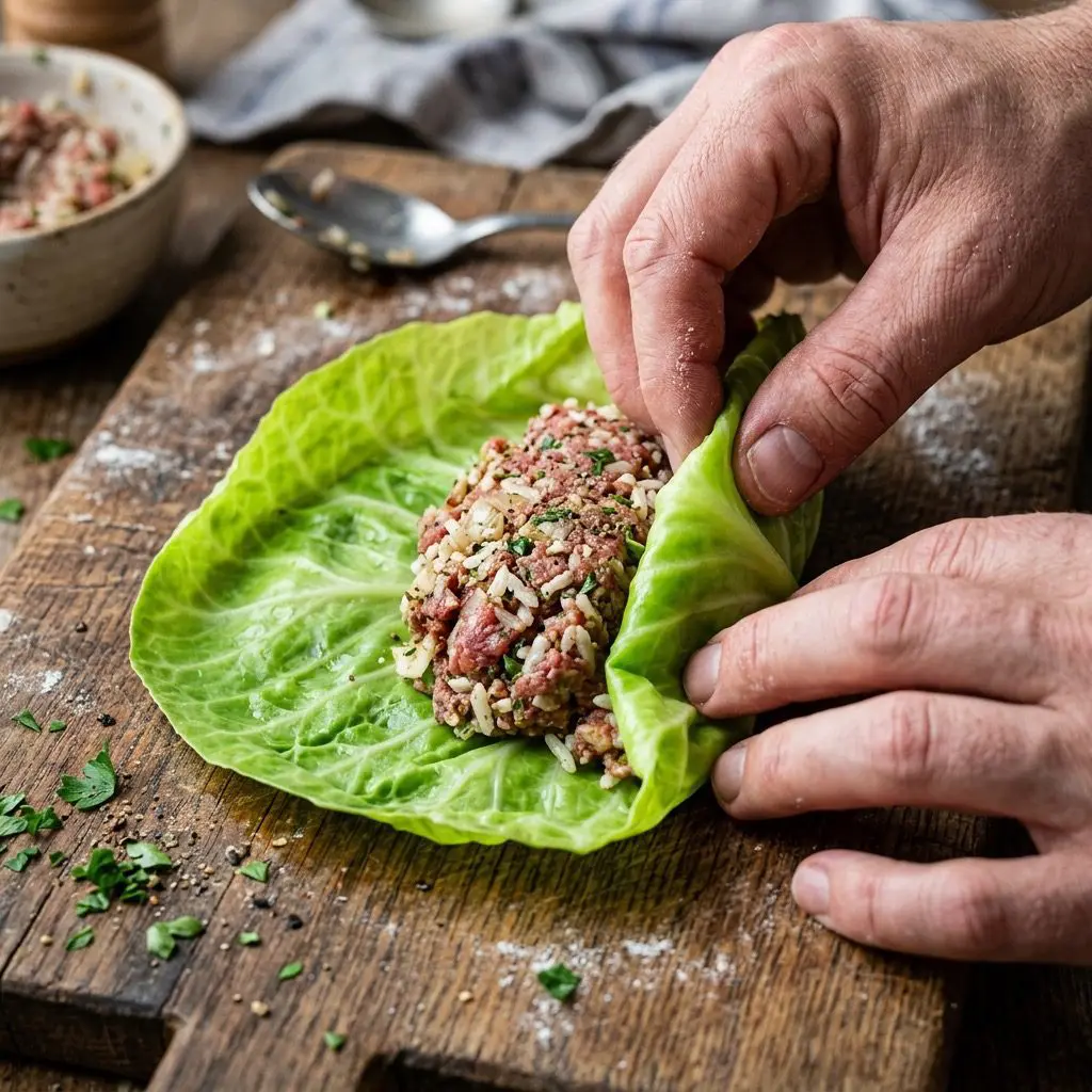 Extreme close-up action shot demonstrating folding a blanched green cabbage leaf over seasoned ground beef and white rice filling