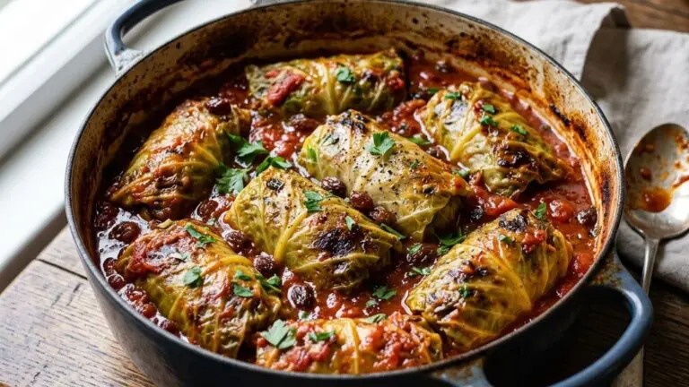 Stunning plated serving of Stuffed Cabbage Rolls, a chef-tested recipe by Chef Jorj Morgan.