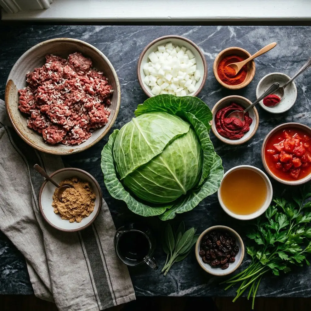 Overhead prep shot of a whole green cabbage, ground beef mixed with white rice, diced onions, paprika, tomato paste, diced tomatoes, chicken broth, brown sugar, balsamic vinegar, raisins, sage, and parsley