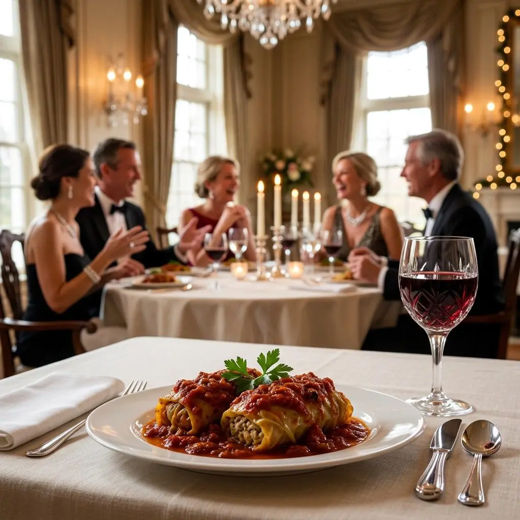 An elegant, formal dinner table setting featuring Stuffed Cabbage Rolls, with a dinner party in the background
