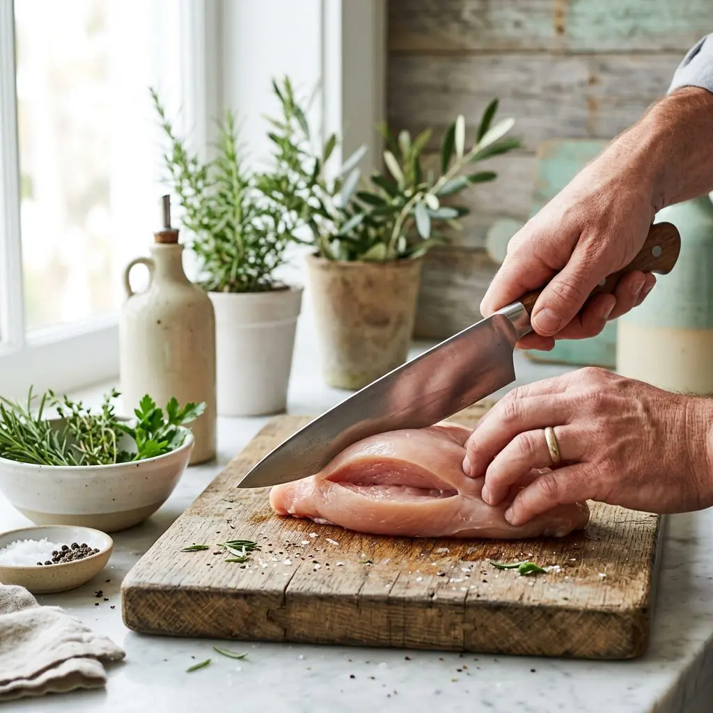 Close-up action shot of a cook's hand using a sharp chef's knife to carefully slice a deep pocket into the side of a thick, raw chicken breast on a wooden cutting board, preparing to stuff it.