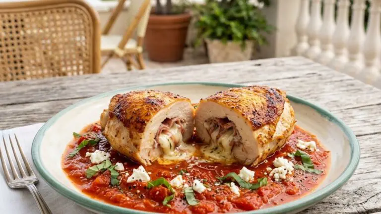 Stunning plated serving of Goat Cheese and Prosciutto Stuffed Chicken Breasts, a chef-tested recipe by Chef Jorj Morgan.