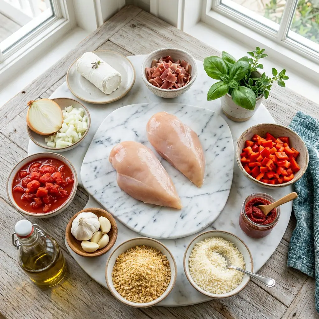 Ingredients arranged: raw chicken breasts, a log of goat cheese, chopped prosciutto, grated Parmesan, fresh basil and oregano, red bell pepper, yellow onion, diced tomatoes, tomato paste, garlic, breadcrumbs, and olive oil around a marble prep board.