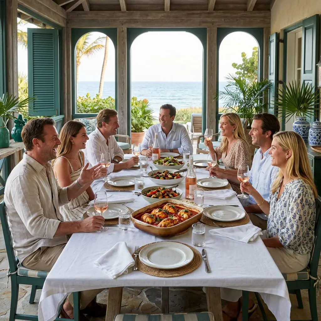 8 guests gathered around the table laughing, eating, and drinking rosé wine in a Palm Beach Estate dining patio with ocean views. A large, bubbling baking dish of Stuffed Chicken Breasts in red pepper sauce anchors the center of the joyful feast.
