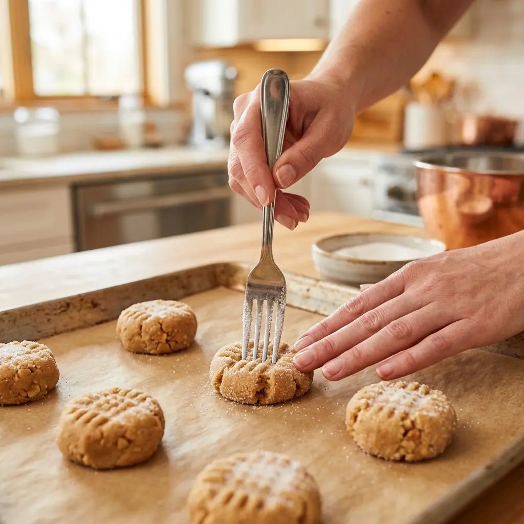 A cook's bare, very clean hands holding a metal fork dipped in granulated sugar, pressing a beautiful crosswise fork pattern onto thick, 3-inch round portioned peanut butter cookie dough balls on a parchment-lined baking sheet in a sunny kitchen.