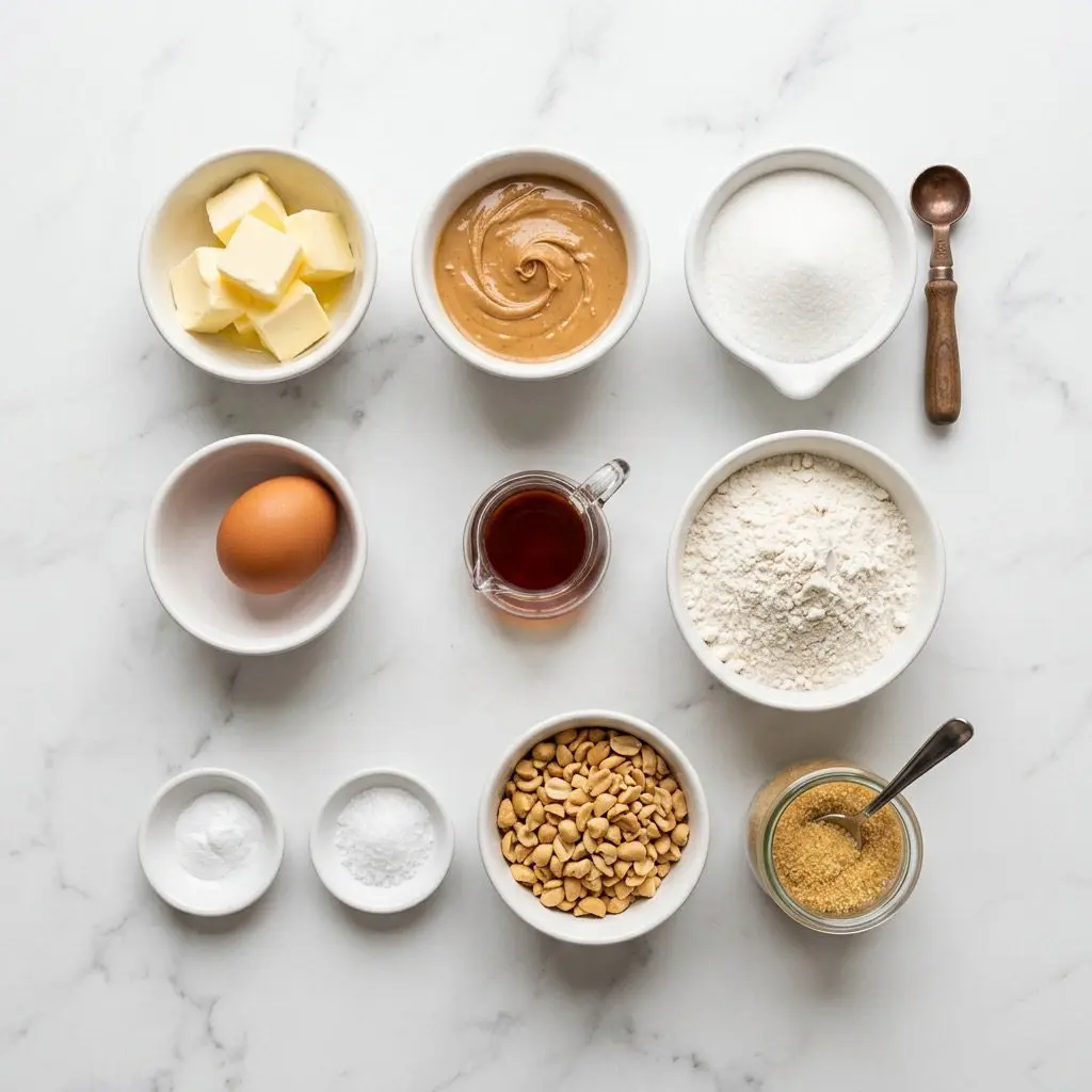 An overhead, neatly organized mise en place for peanut butter cookies on a white marble countertop. Styled white ceramic dishes contain room temperature butter, smooth peanut butter, one cup of granulated sugar, one fresh brown egg, a small glass pitcher of pure vanilla extract, unbleached flour, baking soda, kosher salt, chopped peanuts, and a glass jar of golden sanding sugar.