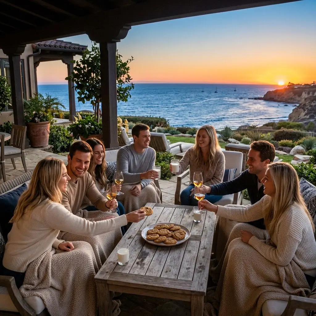 A beautiful golden sunset veranda gathering on a coastal estate overlooking a sparkling blue ocean. Exactly eight young adult guests, consisting of four couples, are laughing and sharing gold-dusted peanut butter cookies from a ceramic platter, while clinking glasses of dessert wine and cold glasses of milk, wrapped in cozy beige throws.
