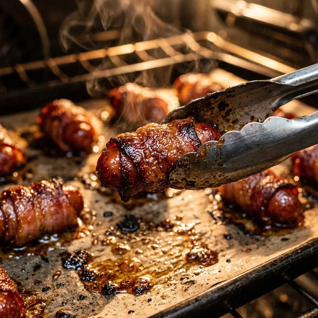 Extreme close-up action shot using silver tongs to carefully lift a single hot, sizzling Sugared Bacon-Wrapped Lil’ Dog with bubbling caramelized brown sugar fresh out of the oven