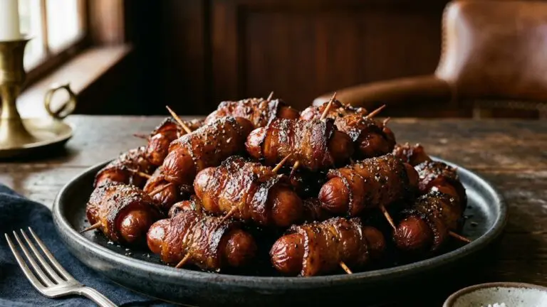 Stunning plated serving of Sugared Bacon-Wrapped Lil’ Dogs, a chef-tested recipe by Chef Jorj Morgan.