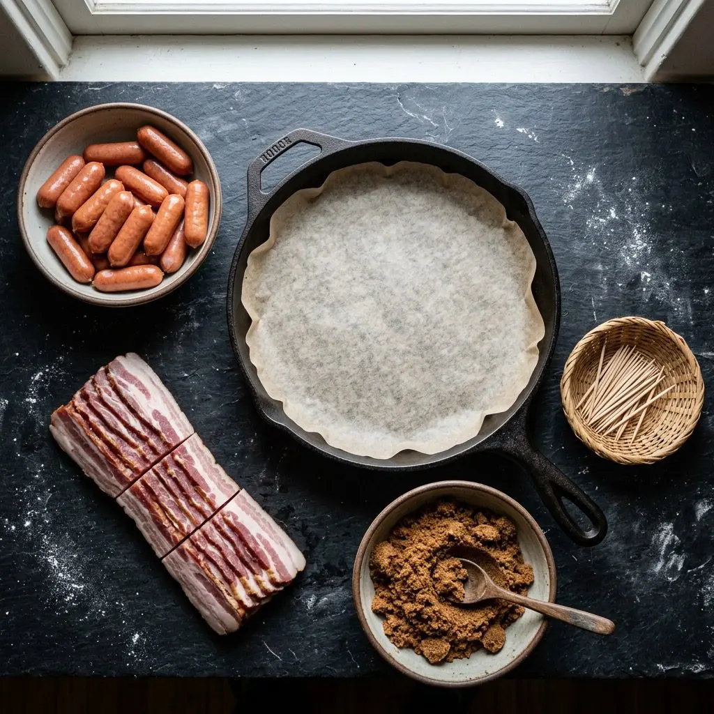 Overhead prep shot of fresh ingredients for Sugared Bacon-Wrapped Lil’ Dogs, including little smoked sausages, thick-cut raw bacon, a bowl of brown sugar, and toothpicks around a parchment-lined baking pan