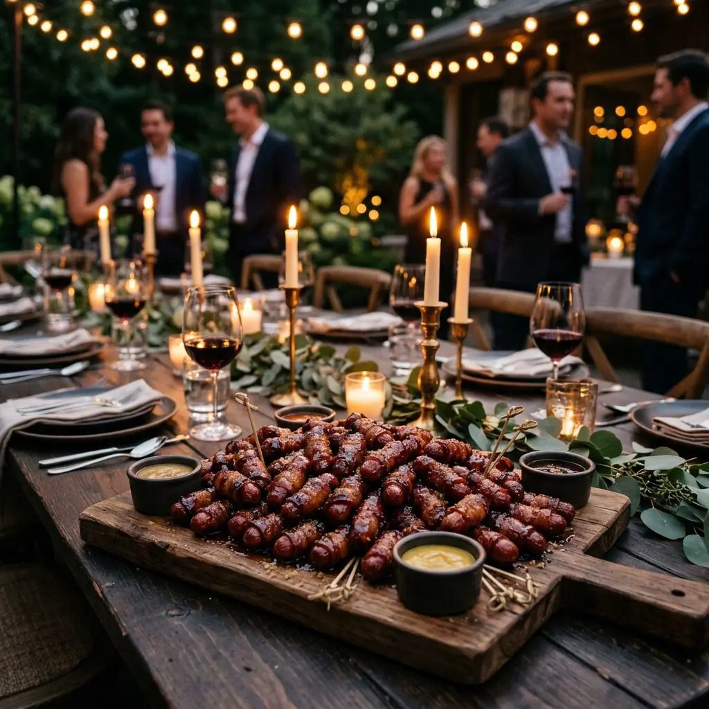 A formal evening outdoor dinner table setting featuring a massive wooden board loaded with hundreds of glossy, sticky Sugared Bacon-Wrapped Lil’ Dogs, with a patio cocktail party in the background.