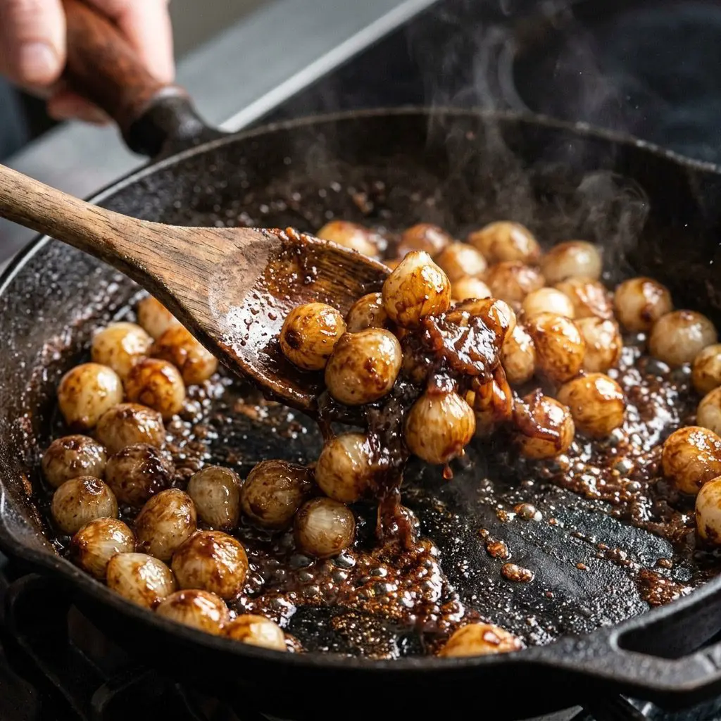 Extreme close-up action shot tossing pearl onions in a bubbling glaze of butter, brown sugar, and balsamic vinegar