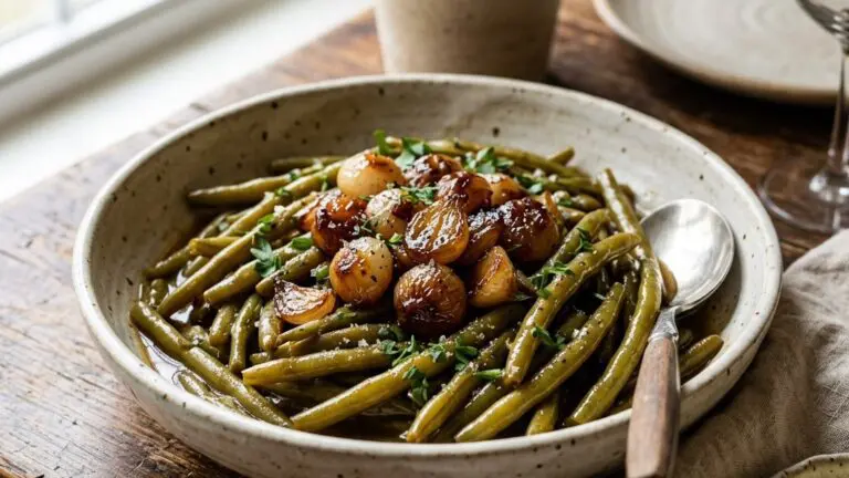 Stunning plated serving of Super Soft Green Beans with Caramelized Onions, a chef-tested recipe by Chef Jorj Morgan.