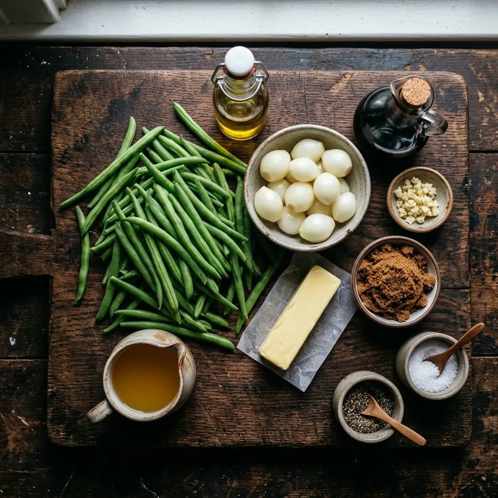Overhead prep shot of fresh green beans, pearl onions, butter, brown sugar, balsamic vinegar, garlic, olive oil, chicken stock, salt, and pepper