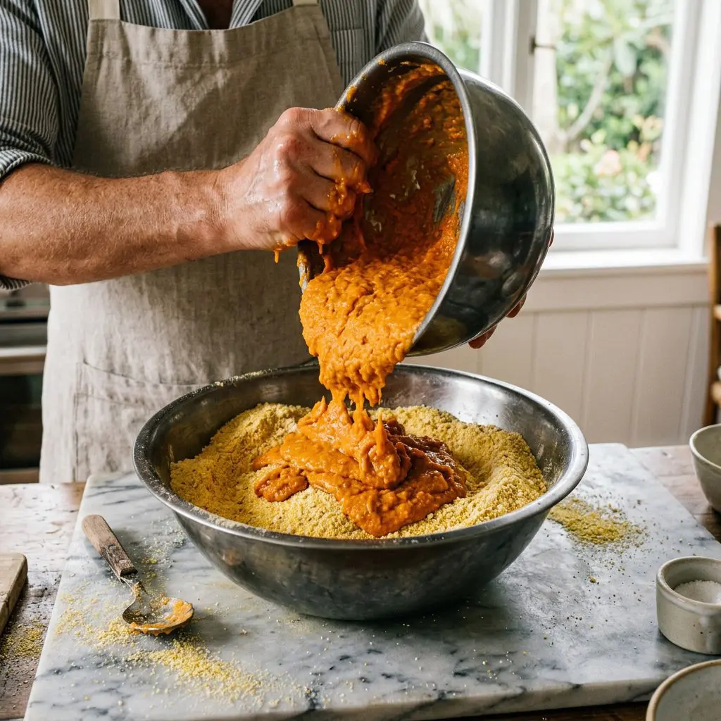 A cook's bare hands pouring a heavy, thick, orange sweet potato and sour cream batter directly into a coarse mound of yellow cornmeal in a heavy metal mixing bowl on a marble slab. The intensely vibrant orange puree is violently saturating the dry, coarse yellow corn flour.